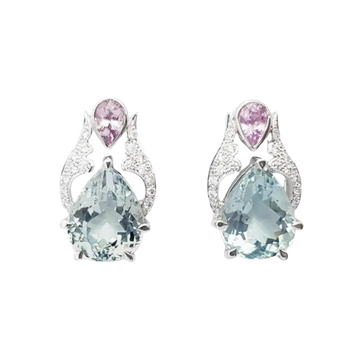 JE0330L - Aquamarine, Pink Sapphire and Diamond Earrings set in 18K White Gold Setting