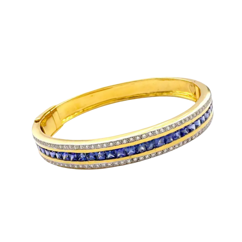 JB0015Q - Blue Sapphire with Diamond Bangle Bracelet set in 18K Gold Setting