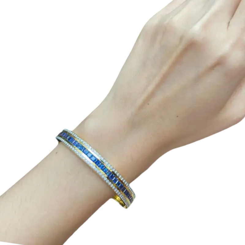 JB0015Q - Blue Sapphire with Diamond Bangle Bracelet set in 18K Gold Setting
