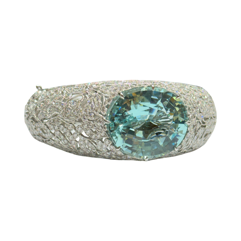 JB0048K - GIA Certified Paraiba Tourmaline with Filigree Diamond Bangle Bracelet in Platinum Setting