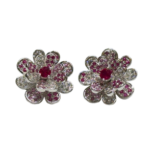 JE0557T - Ruby & Pink Sapphire with Diamond Flower Earrings Set in 14K White Gold Setting
