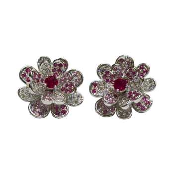 JE0557T - Ruby & Pink Sapphire with Diamond Flower Earrings Set in 14K White Gold Setting