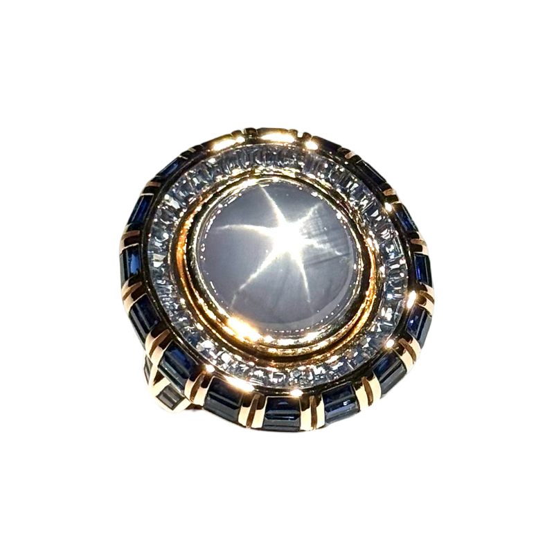 JR0125K - Blue Star Sapphire with Blue Sapphire Ring Set in 18K Rose Gold Setting