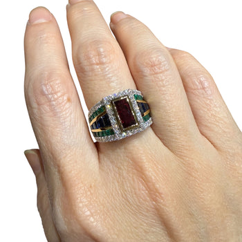 JR0139K - Ruby, Emerald, Blue Sapphire with Diamond Ring Set in 18K Gold Setting