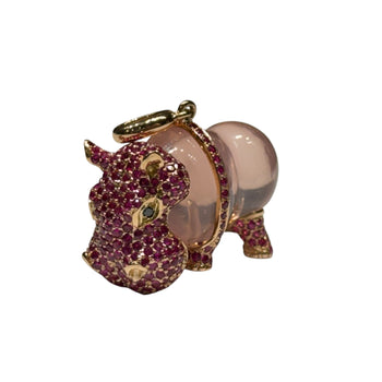 JP0067K - Carved Rose Quartz with Pink Sapphire Hippopotamus Pendant Set in 18K Rose Gold Setting