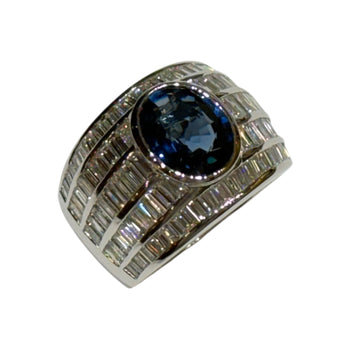 JR0163K - Unheated Blue Sapphire with Baguette Diamond Ring Set in 18K White Gold Setting