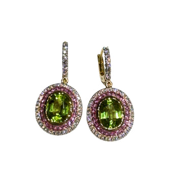 JE0044K - Peridot with Pink Sapphire & Diamond Dangling Earrings Set in 18K Gold Setting