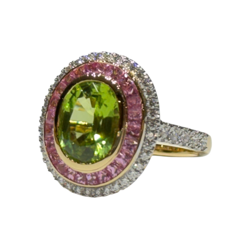 JR0219K - Peridot with Pink Sapphire & Diamond Ring set in 18K Gold Setting