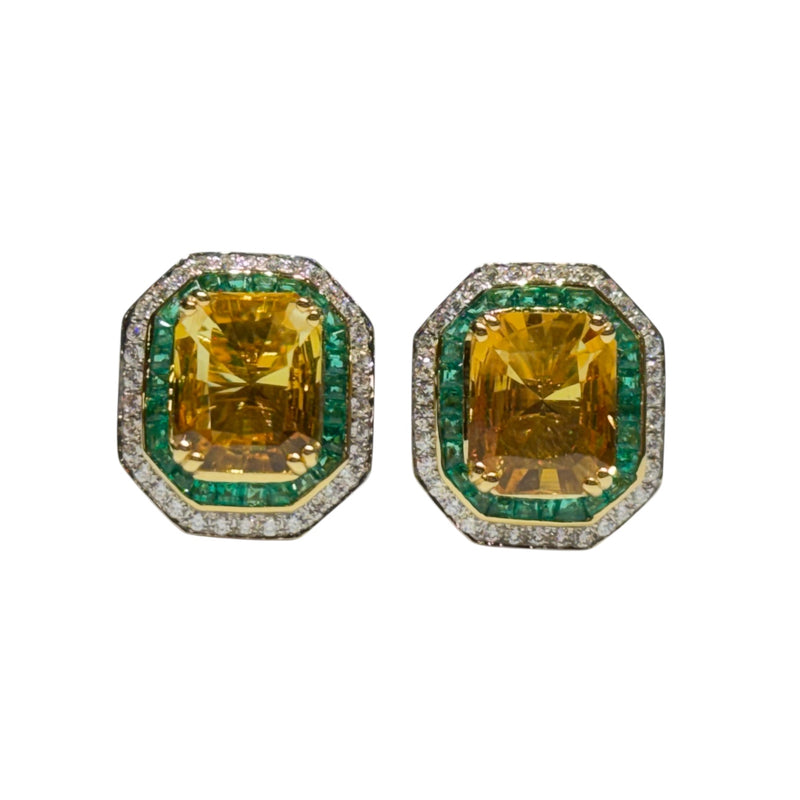 JE0103K - Yellow Sapphire with Tsavorite & Diamond Earrings set in 18K Gold Setting