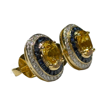 JE0104K - Yellow Sapphire with Blue Sapphire & Diamond Earrings set in 18K Gold Setting