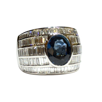 JR0163K - Unheated Blue Sapphire with Baguette Diamond Ring Set in 18K White Gold Setting