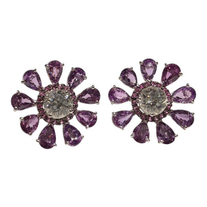 JE9480ZK - White, Purple, and Pink Sapphire Flower Earrings Set in 18K White Gold Setting
