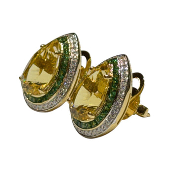 JE0106K - Golden Beryl with Tsavorite & Diamond Earrings Set in 18K Gold Setting