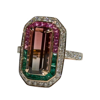 JR0177K - Watermelon Tourmaline with Emerald, Pink Sapphire, and Diamond Ring set in 18K Rose Gold Setting