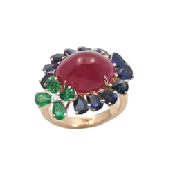 JR0574L - Cabochon Ruby with Emerald, Blue Sapphire and Diamond Ring set in 18K Rose Gold Setting
