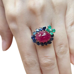 JR0574L - Cabochon Ruby with Emerald, Blue Sapphire and Diamond Ring set in 18K Rose Gold Setting