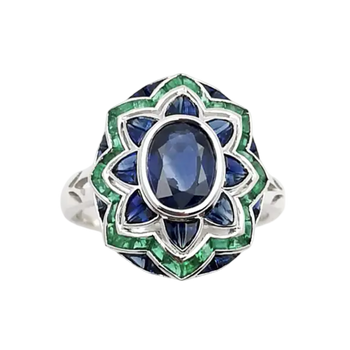 JR0060L - Blue Sapphire with Emerald Art Deco Style Ring set in 18K White Gold Setting