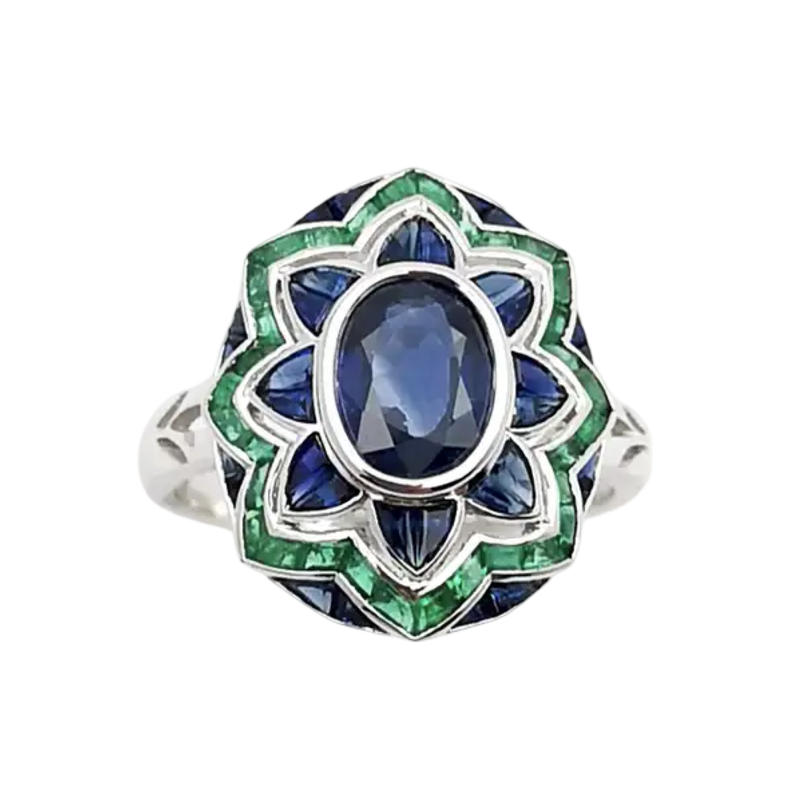JR0060L - Blue Sapphire with Emerald Art Deco Style Ring set in 18K White Gold Setting