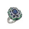 JR0060L - Blue Sapphire with Emerald Art Deco Style Ring set in 18K White Gold Setting