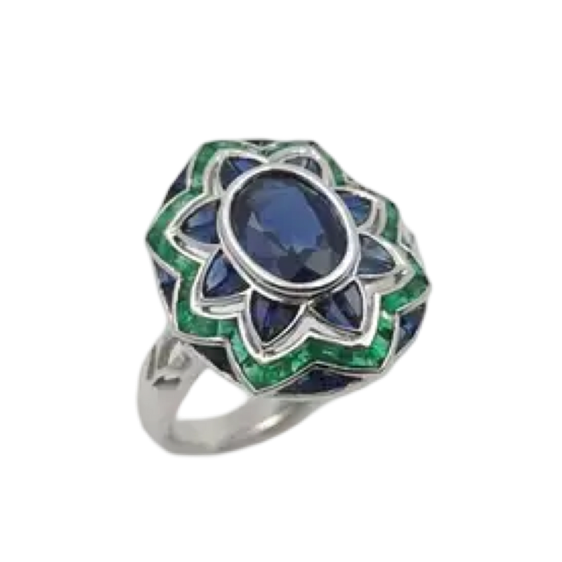 JR0060L - Blue Sapphire with Emerald Art Deco Style Ring set in 18K White Gold Setting