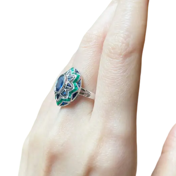 JR0060L - Blue Sapphire with Emerald Art Deco Style Ring set in 18K White Gold Setting