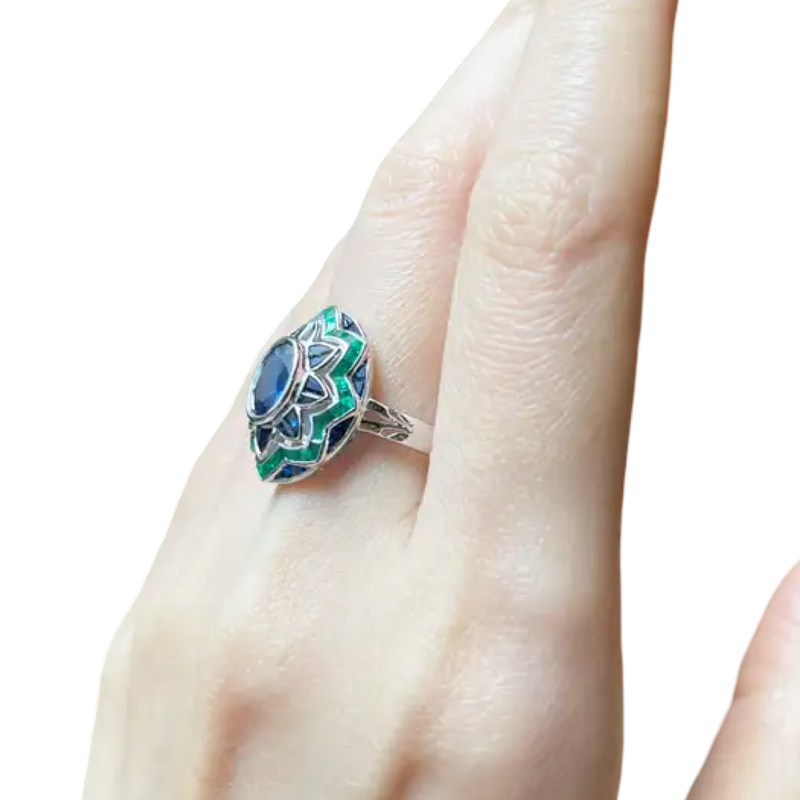 JR0060L - Blue Sapphire with Emerald Art Deco Style Ring set in 18K White Gold Setting