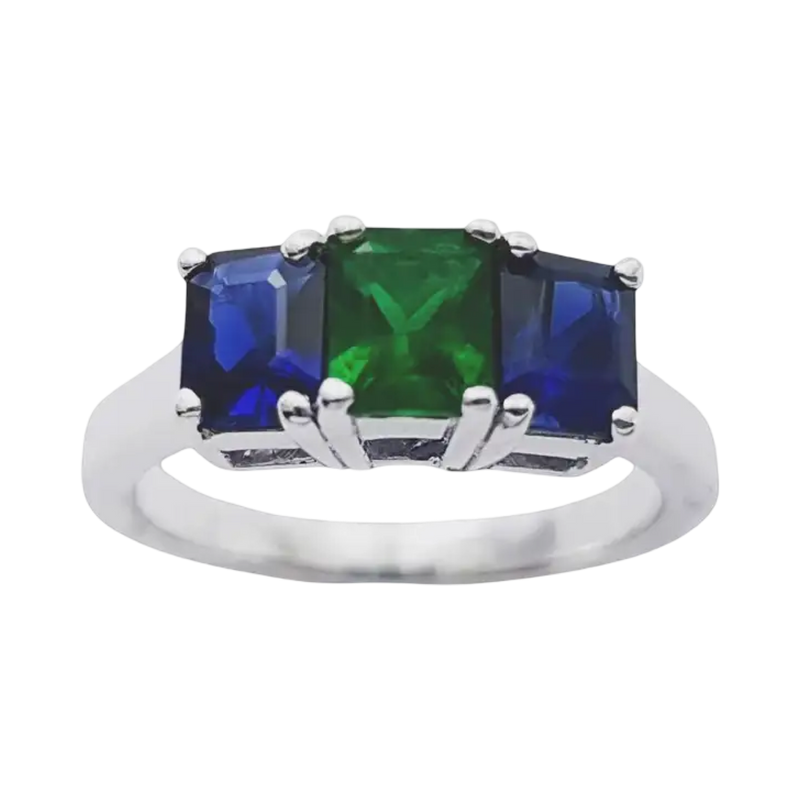 JR0123L - Emerald and Blue Sapphire Ring set in 18K White Gold Setting