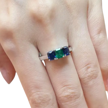 JR0123L - Emerald and Blue Sapphire Ring set in 18K White Gold Setting