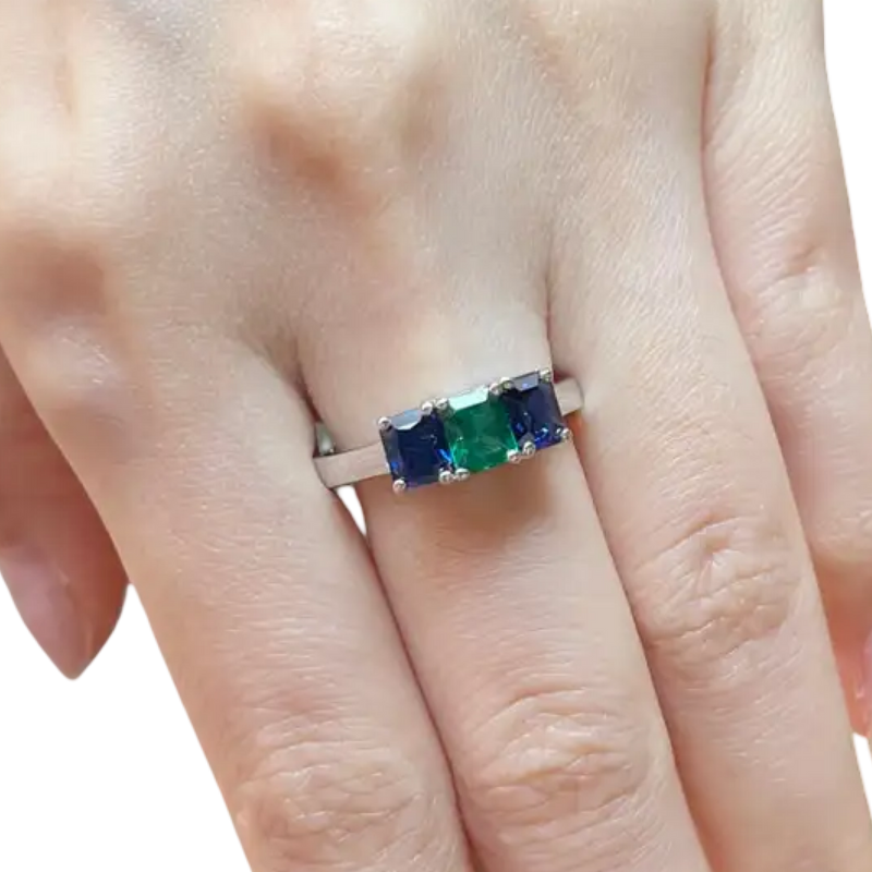 JR0123L - Emerald and Blue Sapphire Ring set in 18K White Gold Setting