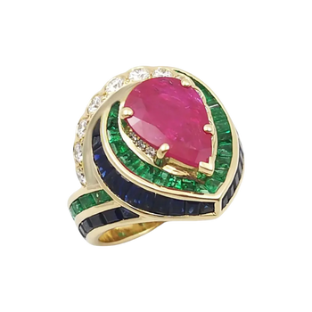 JR0397L - Ruby with Emerald, Blue Sapphire and Diamond Ring set in 18K Gold Setting