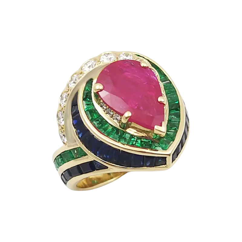 JR0397L - Ruby with Emerald, Blue Sapphire and Diamond Ring set in 18K Gold Setting