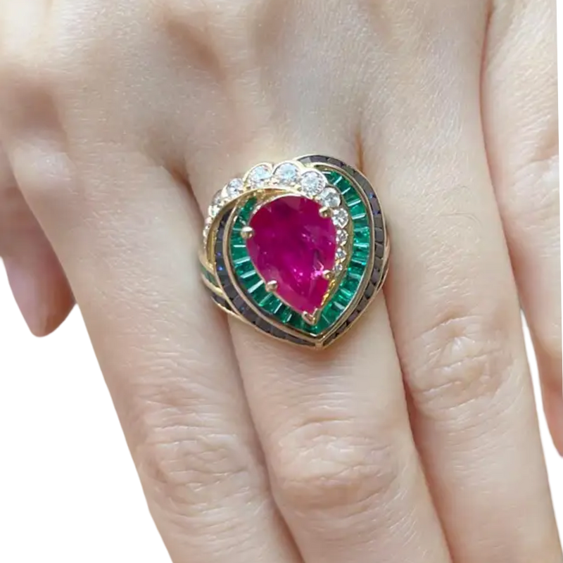 JR0397L - Ruby with Emerald, Blue Sapphire and Diamond Ring set in 18K Gold Setting