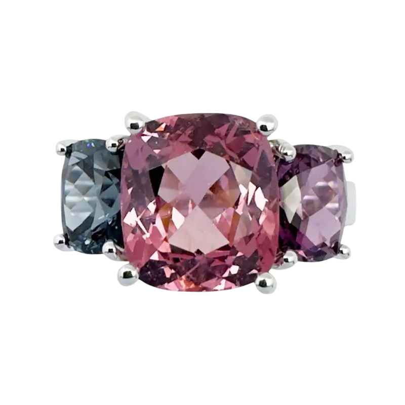 JR0699L - Cushion Spinel Trilogy Ring set in 18K White Gold Setting