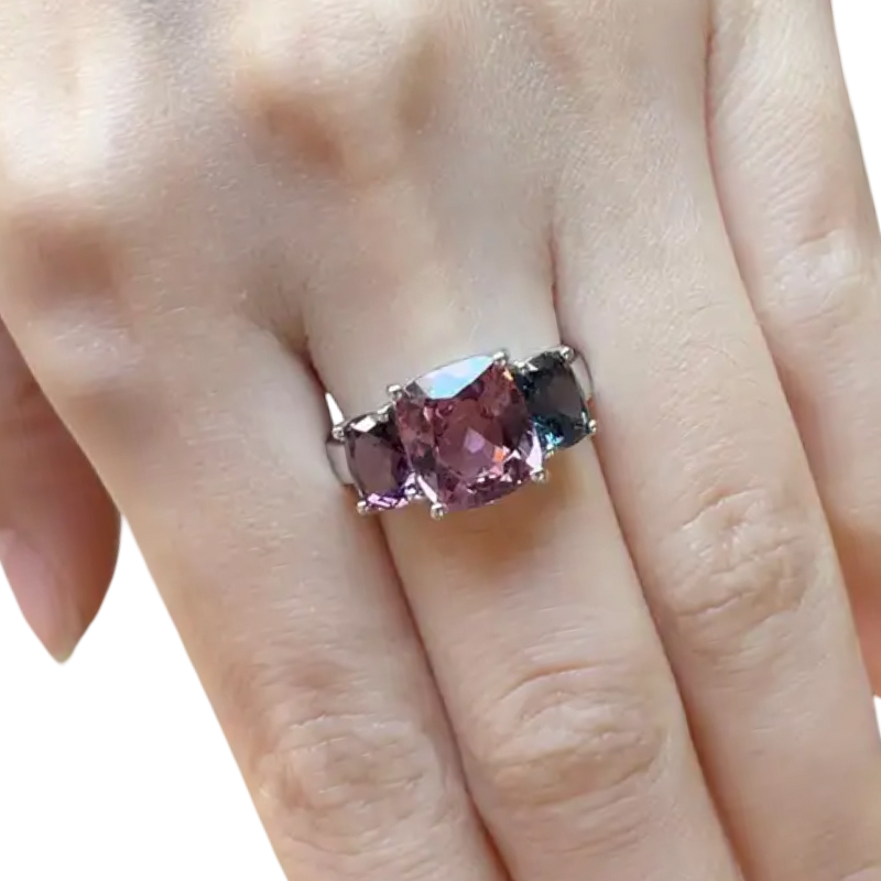 JR0699L - Cushion Spinel Trilogy Ring set in 18K White Gold Setting