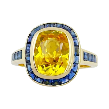 JR0440L - Cushion Yellow Sapphire with Blue Sapphire Ring set in 18K Gold Setting