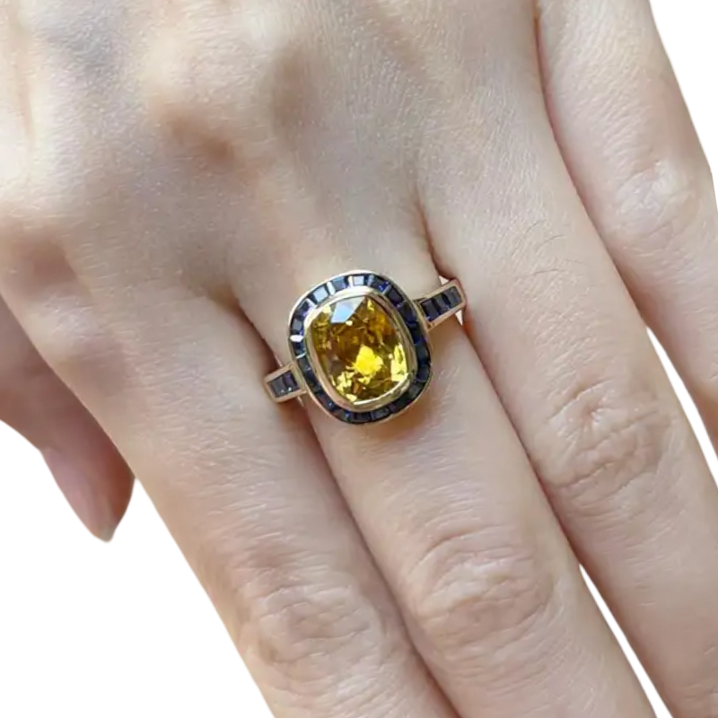 JR0440L - Cushion Yellow Sapphire with Blue Sapphire Ring set in 18K Gold Setting