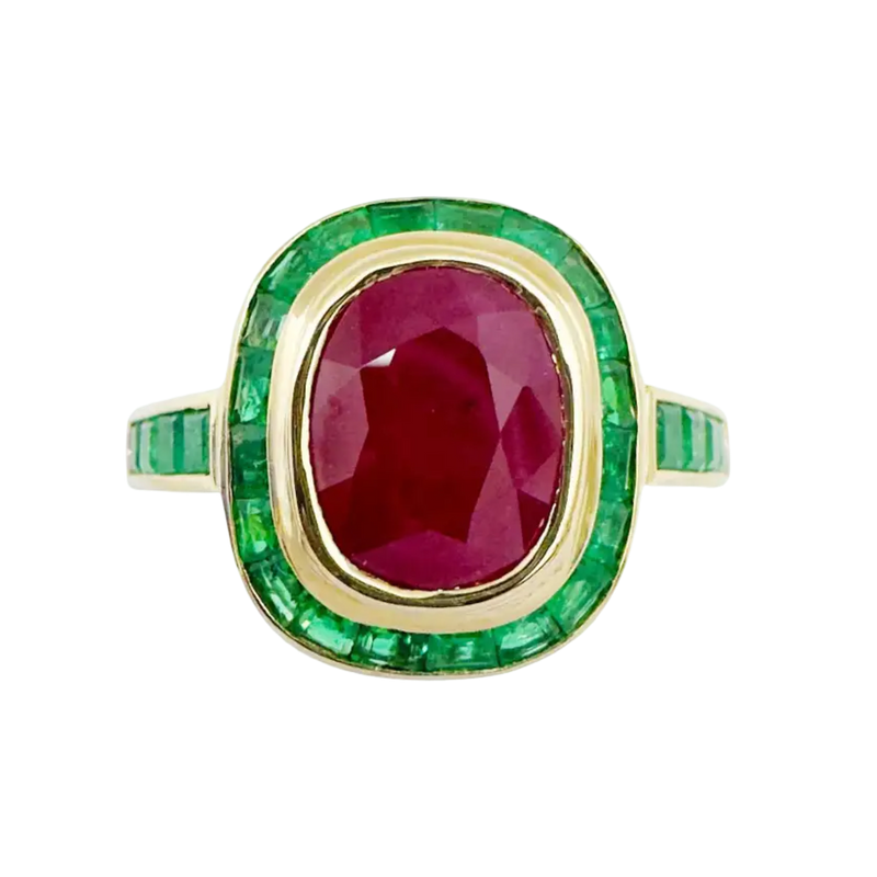 JR0439L - Cushion Ruby with Emerald Ring set in 18K Gold Setting