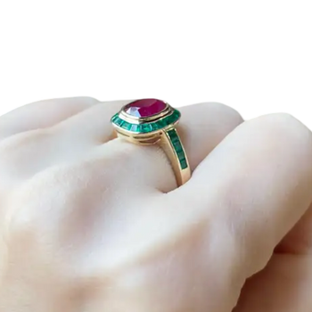 JR0439L - Cushion Ruby with Emerald Ring set in 18K Gold Setting