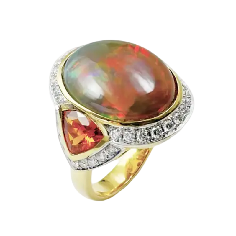 JR0505L - Opal, Orange Sapphire and Diamond Ring set in 18K Gold Setting