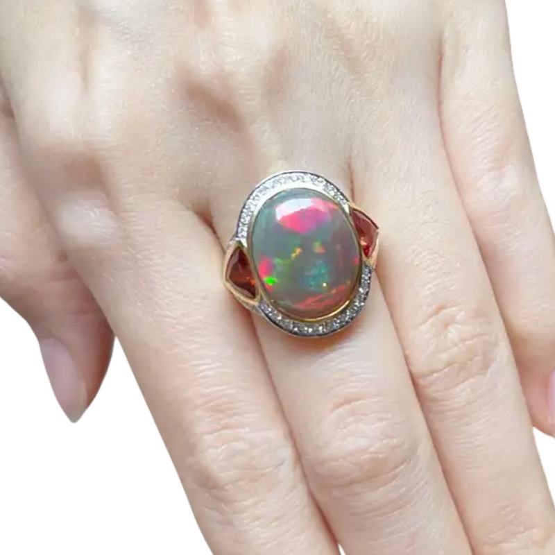 JR0505L - Opal, Orange Sapphire and Diamond Ring set in 18K Gold Setting