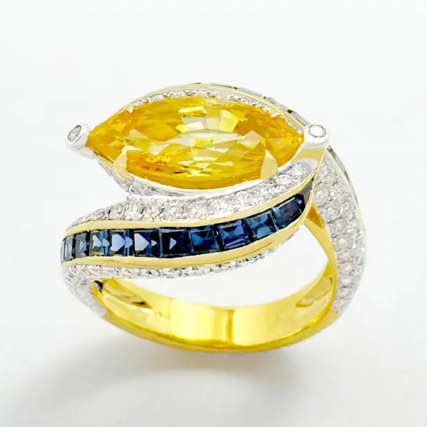 JR0724L - Yellow Sapphire with Blue Sapphire and Diamond Ring set in 18K Gold Setting