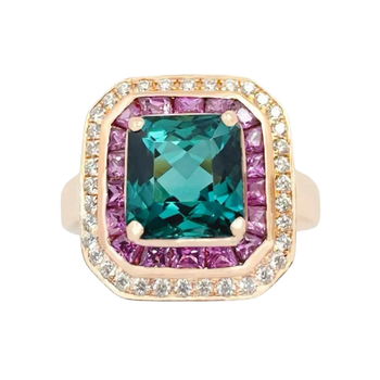 JR0040K - Indicolite Tourmaline, Pink Sapphire and Diamond Ring in 18k Rose Gold