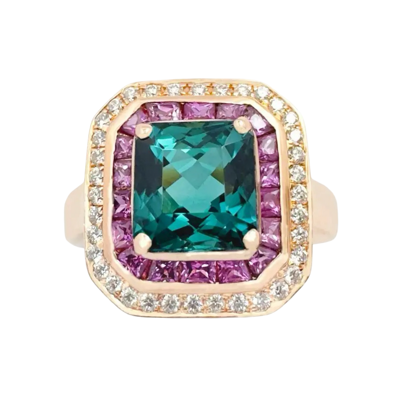 JR0040K - Indicolite Tourmaline, Pink Sapphire and Diamond Ring in 18k Rose Gold