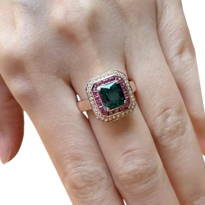 JR0040K - Indicolite Tourmaline, Pink Sapphire and Diamond Ring in 18k Rose Gold