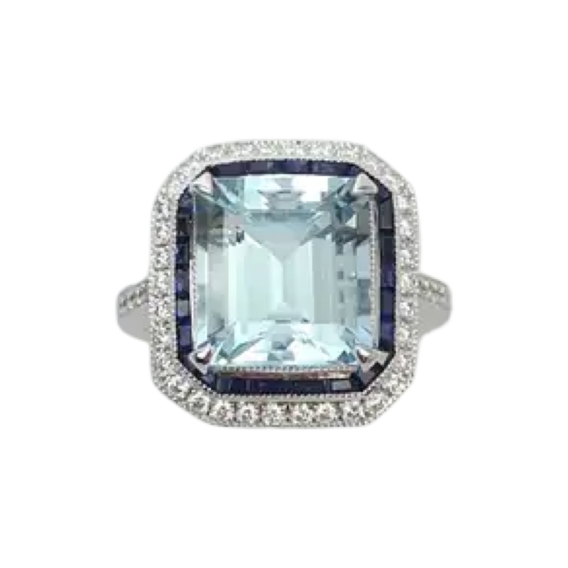 JR0007K Aquamarine with Blue Sapphire & Diamond Ring set in 18k White Gold Setting