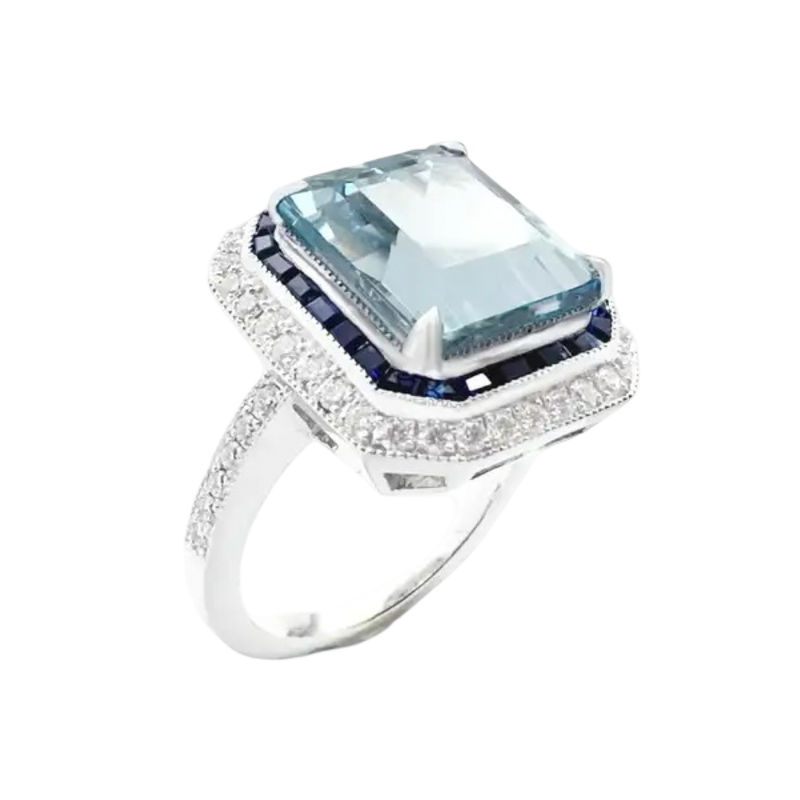 JR0007K Aquamarine with Blue Sapphire & Diamond Ring set in 18k White Gold Setting