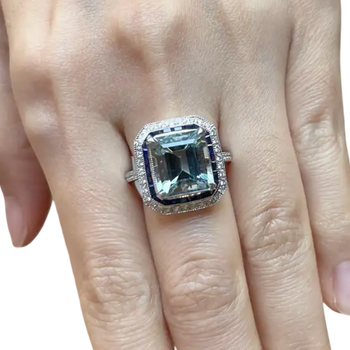 JR0007K Aquamarine with Blue Sapphire & Diamond Ring set in 18k White Gold Setting