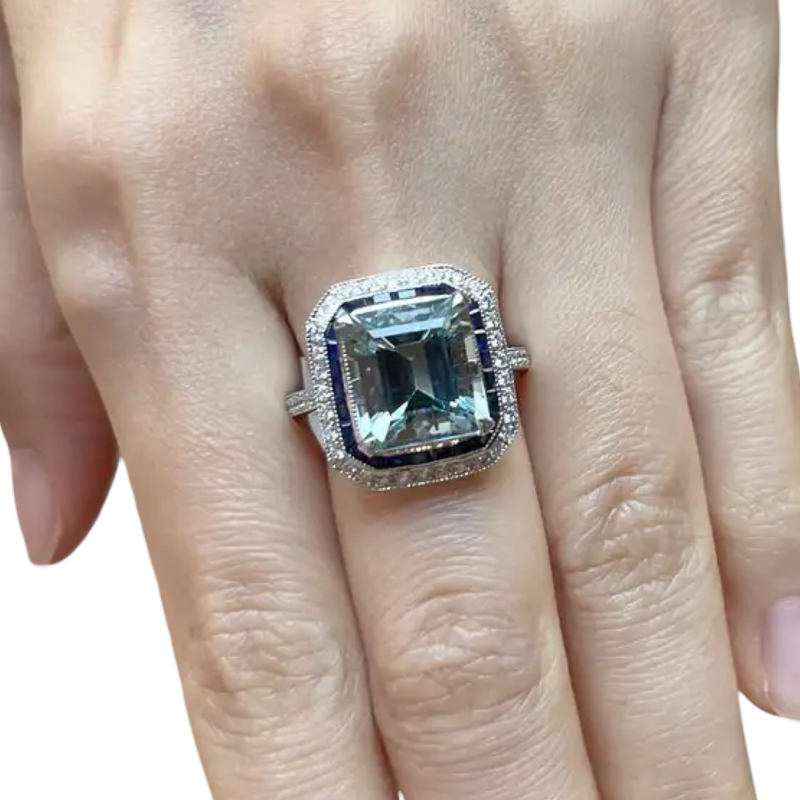 JR0007K Aquamarine with Blue Sapphire & Diamond Ring set in 18k White Gold Setting
