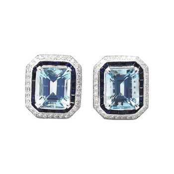 JE0003K - Aquamarine and Blue Sapphire & Diamond Earrings set in 18k White Gold Setting