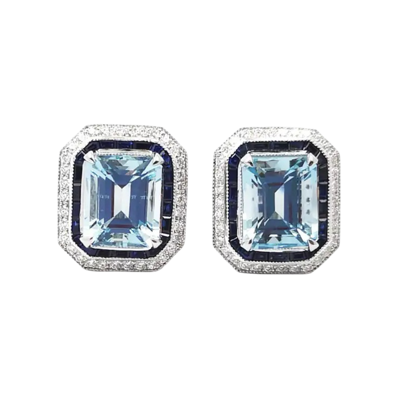 JE0003K - Aquamarine and Blue Sapphire & Diamond Earrings set in 18k White Gold Setting